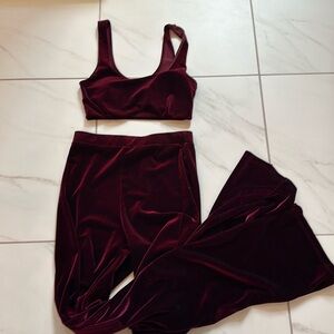 Burgundy velvet crop top and pants set